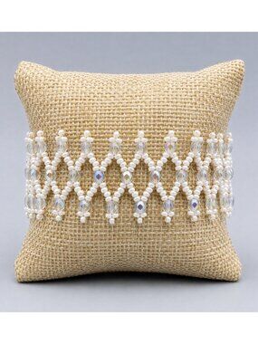VTG Hand Beaded White Seed Bead AB Crystal Cuff Bracelet Circle Clasp Boho